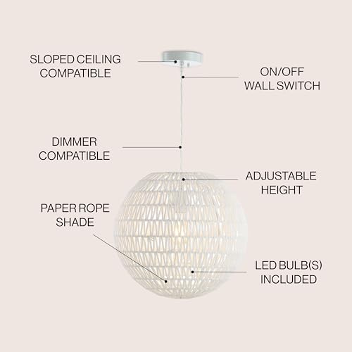 JONATHAN Y 15.7" White Modern Bohemian Woven LED Pendant Light, Adjustable Hanging Ceiling Lamp for Kitchen Island Dining Room, Paper Wicker Shade, Bulb Included JYL6503A - color: White