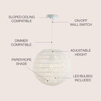 JONATHAN Y 15.7" White Modern Bohemian Woven LED Pendant Light, Adjustable Hanging Ceiling Lamp for Kitchen Island Dining Room, Paper Wicker Shade, Bulb Included JYL6503A - color: White