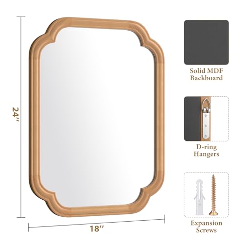 Ferytange Natural Wood Framed Mirror,18X24 Inch Bathroom Mirror for Over Sink Modern Rounded Corner Rectangle Wall Mounted Mirror (Horizontal/Vertical) - color: Natural Wood, size: 24"L x 18"W