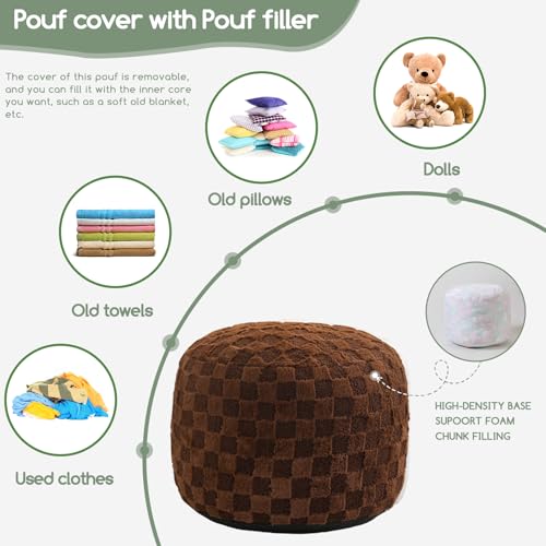 HIGOGOGO Round Stuffed Pouf Ottoman, Plaid Poufs with Foam Chunk Filling, Fluffy and Furry Pouf Foot Stool Storage Ottoman, 20 X 15 Floor Poufs Foot Rest for Living Room, Coffee - color: Plaid Coffee, size: 20"D x 20"W x 15"H