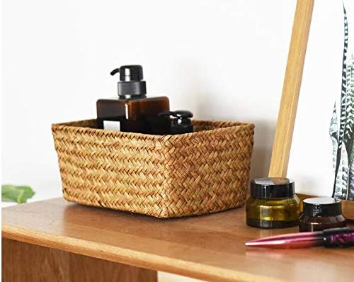 DOKOT Small Woven Wicker Open Storage, Rectangular Handmade Seagrass Baskets for Home, Bathroom Organization（Set of 3）