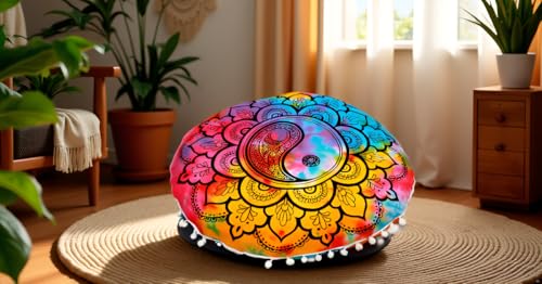 Round Mandala Floor Pillow Cover Seating Cushion Throw Cover Ottoman Pouf Cover Pom Pom Pillow Cases Hippie Decorative Bohemian Boho Indian 22 Inches (Multi Color) - color: Multi Color