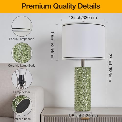 27" Tall Farmhouse Table Lamp Set of 2, Large Ceramic Bedside Lamps for Bedroom Living Room, 3-Color Temperature Dimmable Nightstand Lamps with Bulbs Included, Modern Home Decor (Light Green) - color: Light Green, size: 27"