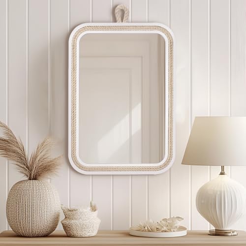 Nautical Rope Mirror Rectangle Wooden 22''Lx16''W White Decorative Mirror Farmhouse Hanging for Bathroom,Livingroom,Entryway-Beachy Coastal Wall Mirror Decor - size: 22"L x 16"W