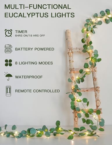 suddus Vines with Lights Battery Operated, 33ft 100 LED Eucalyptus Garland String Lights with Remote, Leaf Lights for Bedroom, Room, Wall, Garden, Party, Wedding Decor (Warm White) - color: Eucalyptus, size: 100 LED-Battery-Copper