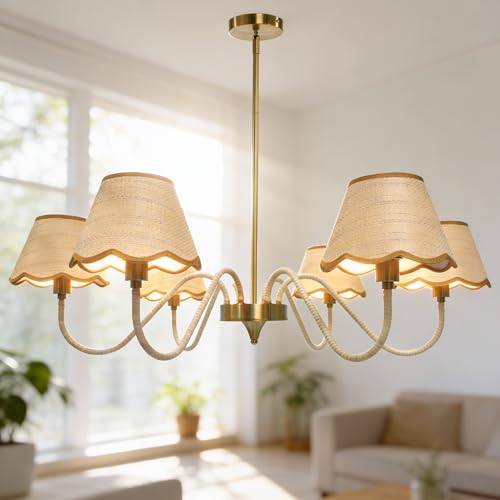 39" Boho Rattan Chandelier, 6-Light Rattan Pendant Light, Handwoven Natural Rattan, Rustic Industrial Adjustable Rattan Fixture for Dining Room, Kitchen Island & Living Room, E12 Socket - color: Curved Arm Design