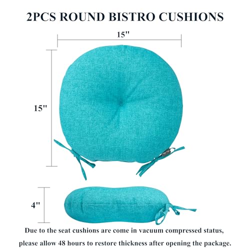 FUNHOME 15"x15"x4" Bistro Chair Cushion Set of 2, Water Repellent Round Outdoor Chair Cushions with Ties, Patio Tufted Chair Pads for Home Garden (Aqua Blue) - color: Aqua Blue