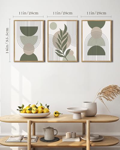 Drsoum 11x14in Boho Wall Art Green Sage Decor Framed Wood Modern Bohemian Abstract Geometry Canvas Prints Ready to Hang - color: green boho decor, Natural Framed, size: 11" x 14"