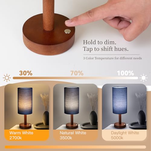 LALISU Small Table Lamp Nightstand Lamp Linen Lampshade Bedroom Wood Base Small Bedside Lamp for Night Stands, Desk Lamps for Reading Living Room, Office (LED Bulb Included) (Blue) - color: Blue