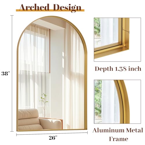 26" x 38" Luxury Arched Bathroom Mirror - Arch Wall Mirror with Shatterproof Tempered Glass and Metal Deep Frame, Hanging or Leaning for Living Room, Dresser, Entrance and Hallway, Gold - color: Gold, size: 38"L x 26"W