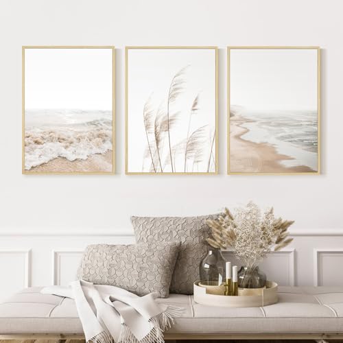 Beach Wall Art Boho Prints Coastal Canvas Wall Art FRAMED Beach Pictures Pampas Grass Ocean Poster Plant Landscape Scene Artwork for Living Room Bedroom Decor 16x24 Inch Set of 3 - color: Beach Art Prints, size: 24"L x 16"W