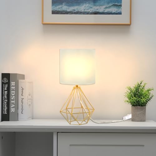 Gold Modern Small Table Lamp for Bedroom & Living Room - Geometric Metal Base, White Fabric Shade, Ideal for Bedside & Kids' Desk, Nightstand Lamp - color: Brass Gold