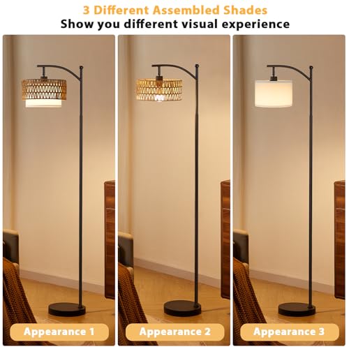 Ambimall Arc Floor Lamp for Living Room with Remote, Color Temperature & Brightness Adjustable, Boho Standing Lamp with Rattan & Fabric Double Drum Shades, Bulb Included(Black) - color: Black Rustic