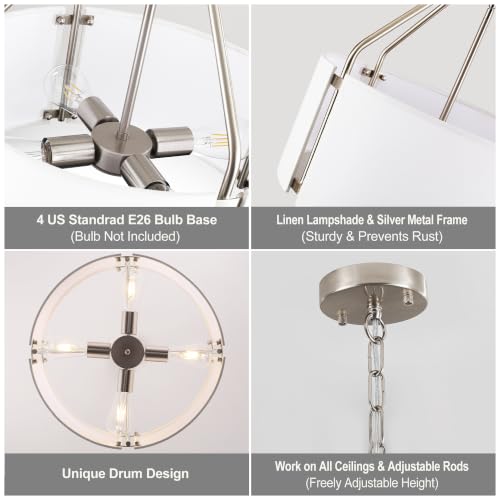 18 Inches Drum Chandeliers, Silver Drum Pendant Light Fixture with White Linen Fabric Shade, White Chandelier Adjustable Modern Farmhouse Hanging Lights for Dining Room Bedroom Kitchen Foyer - color: 18Inch Nickel&White