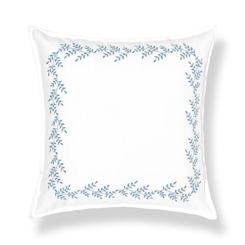 Hofdeco Premium Grandmillennial Coastal Hampton Patio Indoor Outdoor Throw Pillow Cover Only, 20"x20" Water Repellent for Backyard, Couch, Poolside, Baby Blue Embroidered Leaves Frame - color: Baby Blue Leaves Frame 20"x20"