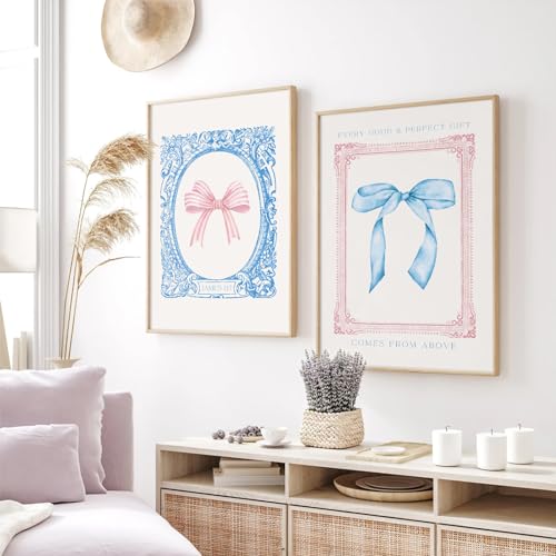 Preppy Bow Wall Art Decor Set of 2 Coquette Canvas Wall Decor Aesthetic Pictures Trendy Girly Wall Art Pink Blue Bow Prints Christian Bible Verse Poster for Bedroom Living Room 12x16 Inch Unframed - color: Christian Prints, size: 12x16 Inch Unframed