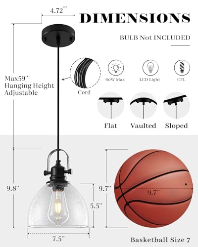 Black Pendant Lights Kitchen Island 2 Pack, 7.5" Seeded Glass Pendant Lights, Vintage Industrial Pendant Light Kitchen Island, Farmhouse Pendant Lighting for Kitchen, Dining Room, Bar, Cafe - color: Seeded Glass-Black+Cord, size: 2-Pack