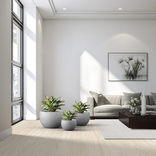 Kante 19.9",15.7",11.8" Dia Round Concrete Planter Set of 3, Outdoor/Indoor Large Bowl Plant Pots with Drainage Hole and Rubber Plug for Garden Patio Balcony Home, Natural Concrete - color: Natural Concrete, size: 19.9"D + 15.7"D + 11.8"D