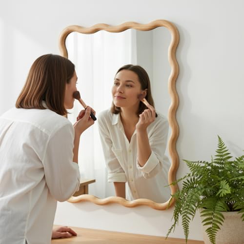 Bathroom Mirror for Wall,20x28 inch Large Irregular Wavy Wood Modern Boho Vanity Farmhouse Mirrors for Bedroom Living Room Entryway Hallway Fireplace - size: 28"L x 20"W