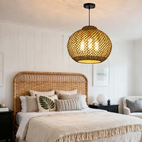 17" Farmhouse Rattan Chandelier 3-Lights Large Natural Wicker Pendant Light Boho Round Hand-Woven Seagrass Dining Room Lighting Fixture for Living Room Entry Bedroom Cafe Kitchen Island - color: Brown-17"-3-lights
