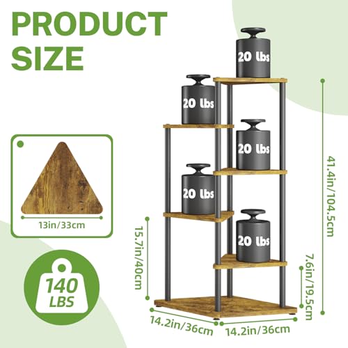 iDavosic.ly Tall Plant Stand Indoor for Large & Heavy Duty Planters, 5 Tier Corner Flower Shelf with Wooden Trays & Metal Frame, 41 Inch Orchid Rack for Living Room Balcony Porch, Black & Brown - size: 5 Tier without Light