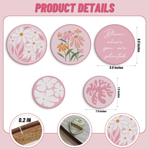 5 Pcs Funny Pink Flower Wall Art Hippie Floral Print Aesthetic Hanging Decor for Apartment Bedroom Living Room Dining Room Farmhouse Porch Kitchen - color: Pink Flower