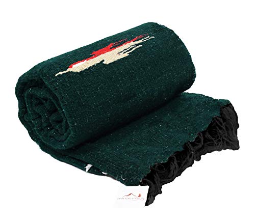 Open Road Goods Mexican Thunderbird Yoga Blanket, Handwoven Throw for Yoga, Meditation, and Home Décor – Versatile Blanket for Beach, Picnic, Camping, or Outdoor Use - color: Dark Green