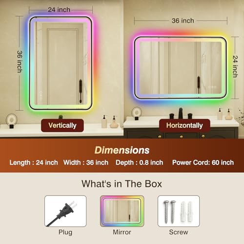 24x36 Inch Black Framed LED Bathroom Mirror with Lights,Smart Bathroom Mirror,RGB,Anti-Fog,Stepless Dimmable & 3 Colors,Memory,Vanity Mirror for Wall - color: Black-rgb, size: 24"L x 36"W