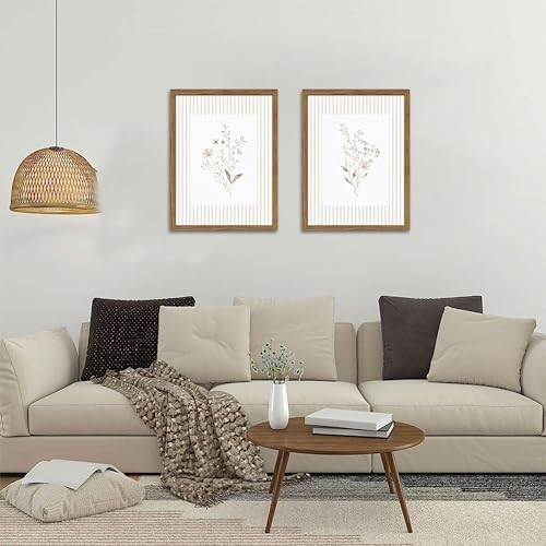 Neutral Wildflower Wall Art Set of 2, Vintage Flower Botanical Wall Decor Painting, Rustic Cottagecore Striped Floral Prints Pictures for Living Room Bedroom 12x16 Inch Framed - color: Pink Flowers, size: 16L" x 12W"