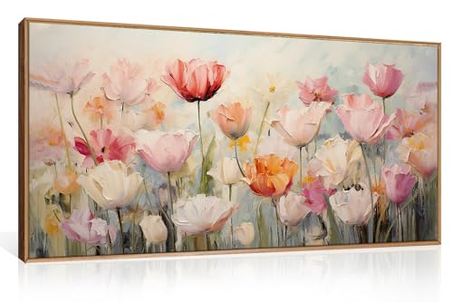 HPNIUB Large Nature Wildflowers Framed Wall Art Pink Floral Canvas Oil Painting Modern Aesthetic Wall Decor Abstract Flower Artwork for Living Room Bedroom Decor -20"x40" - color: Pink Wildflowers Wall Art, size: 40"L x 20"W