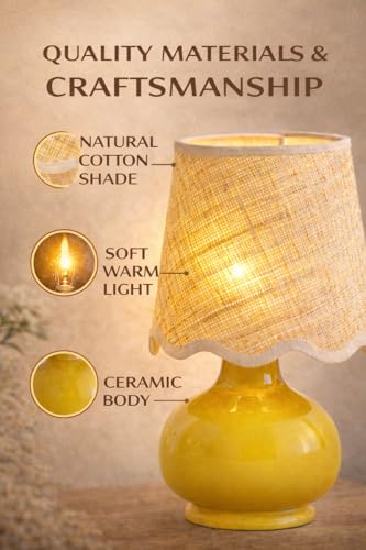 Benton Ceramic Table Lamp with Fabric Shade – 13" Bedside Accent Lamp for Bedroom, Living Room & Nightstand (Yellow) - color: Yellow