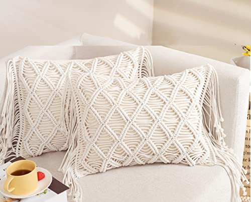 Macrame Lumbar Pillow Cover-Set of 2 Decorative Thorw Pillowcase Boho Tassel Cushion Covers for Sofa Couch Chair Farmhouse Home Decor 12X18 INCH - color: A