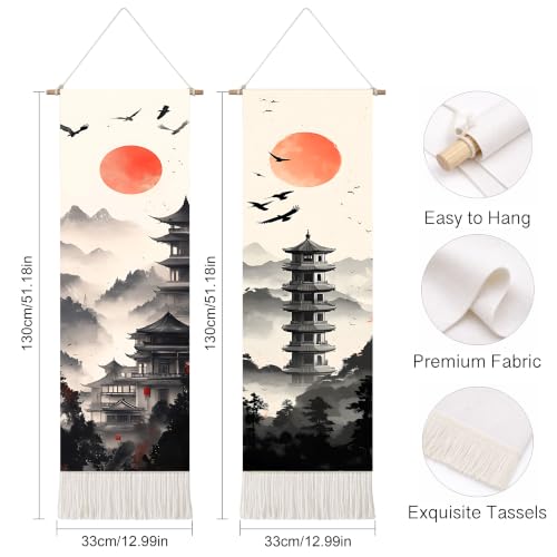 seewan 2 Pack Long Vertical Wall Tapestry, Boho Nature Landscape & Floral Aesthetic Wall Hanging for Bedroom Living Room Home Decor, Long Narrow Art Tapestry with Sunrise Mountain Botanical Designs, 13" × 51" (Zen Pagoda Twilight, 13"Wx51"H, Unframed) - c