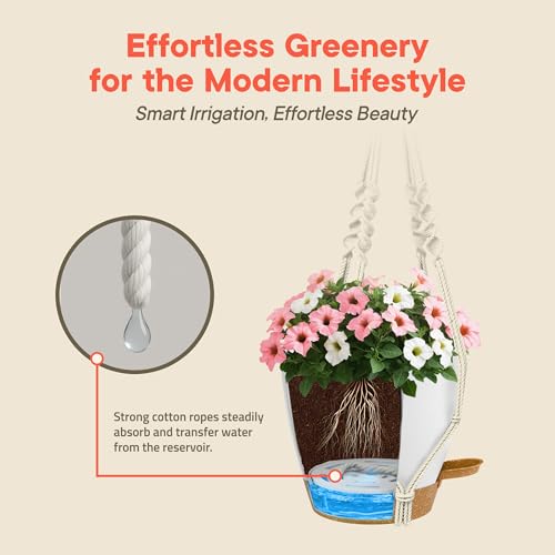 White Hanging Self Watering Pots with Macrame Ivory Rope, 3 Pack Indoor & Outdoor Hanging Plant Pots with Built-in Reservoir, Wick Rope, Drainage Holes & Hooks, Stylish Boho Decor Hanging Planter - color: White