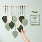 MIPON Macrame Wall Hanging Leaves Decor,Boho Handmade Woven Leaf Tassels Tapestry Gift Ideas for Nursery, Bedroom, Living Room, 15.7 X 28 Inch(Green)