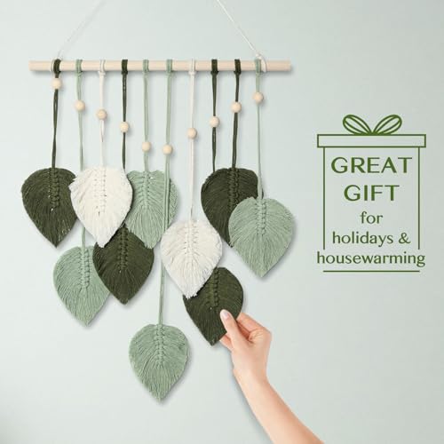 MIPON Macrame Wall Hanging Leaves Decor,Boho Handmade Woven Leaf Tassels Tapestry Gift Ideas for Nursery, Bedroom, Living Room, 15.7 X 28 Inch(Green)