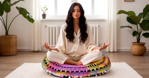 Round Mandala Floor Pillow Cover Seating Cushion Throw Cover Hippie Decorative Bohemian Ottoman Pouf Cover, Pom Pom Pillow Cases,Boho Indian 32 Inches Multi Hamsa - color: Multi Color, size: 32" Round