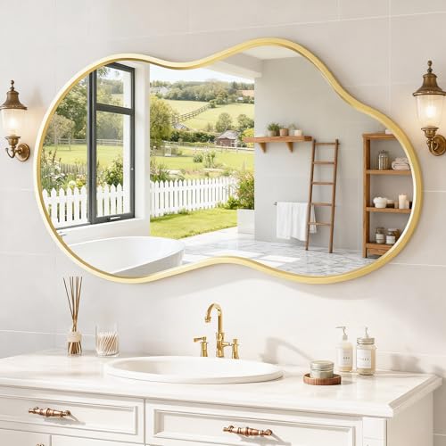 40”x 24” Gold Irregular Wall Mirror, Wavy Asymmetrical Mirrors, Large Framed Bathroom Vanity Mirror,Tempered Glass, Decorative for Bathroom Living Room Bedroom Entryway - color: Gold, size: 40"L x 24"W