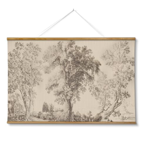 VIYYIEA Extra Large Size Canvas Wall Art, 36x54 Inch Vintage Tree Landscape Hanging Scroll, Oversized Rustic Nature Artwork for Living Room, Bedroom, or Study - color: Three Trees Composition