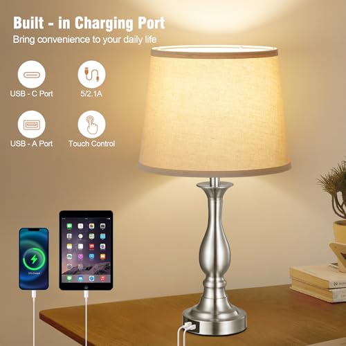 Bedside Table Lamp Touch Control Bedroom Lamps with USB A and C Charging Port 3 Way Dimmable Touch Lamps for Nightstand Living Room Bedroom Dorm Home Office Reading, Set of 2 - color: Silver