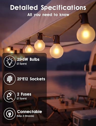 SUNSGNE 25Ft Outdoor Edison String Lights G40 Globe String Lights with 27 Frosted White Bulbs, Waterproof Connectable Hanging String Light for Christmas Patio House Backyard Balcony Party, Brown Wire - color: Frosted White-Brown, size: 25 Ft