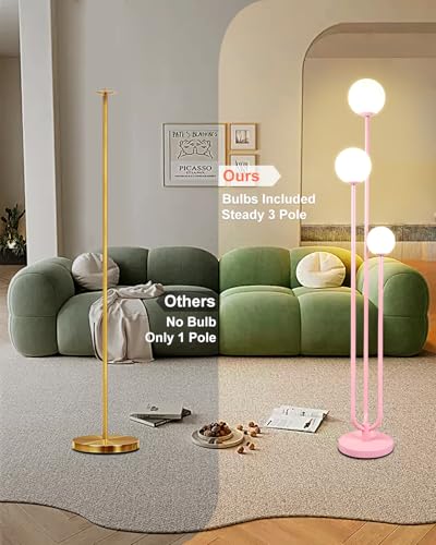 63IN 3-Light Dimmable Floor Lamp, Unique Pink Tall Standing Lamps with 3000K G9 Bulbs for Reading, Mid Century Modern Floor Lamp with 5Lbs Heavy Base for Living Room Bedroom Office - color: 3 Globe-Pink