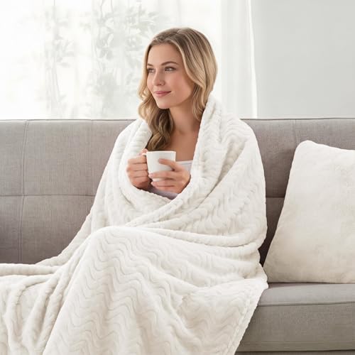 Exclusivo Mezcla Fleece Throw Blanket for Couch, Lightweight Jacquard Bed Blanket for Spring Summer, Soft Cozy Breathable Throws, Ivory, 50x70 Inches - color: Ivory, size: Throw ( 50x70 IN )