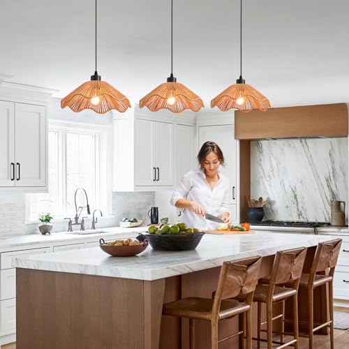 3 Pack Brown Woven Pendant Light Fixtures,11.81" Rattan Pendant Lights Farmhouse Basket Light Fixture Adjustable Boho Hanging Lamp for Kitchen Island Bedroom Dining Room Foyer Hallway - color: flower+brown