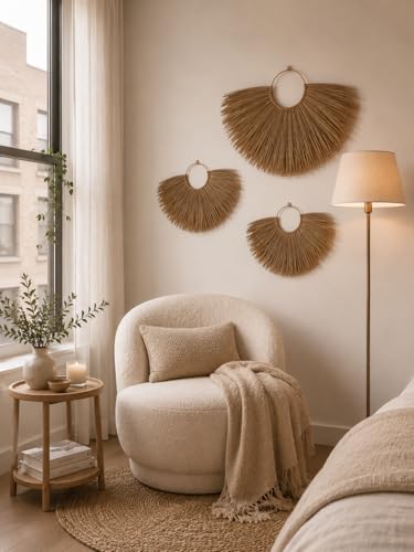 PEMAR Set of 3 Woven Seagrass Fan Wall Decor - Large Boho Raffia Jute Wall Hanging Hanging Decor for Living Room Bedroom, Handmade Rustic African Fan Wooden Wall Art, Unique Housewarming Gift (XL: 35.4" D, L: 27.6" D, M: 19.7" D)