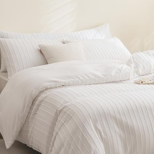 JELLYMONI Duvet Cover Oversized Queen Size White - 3PCS Boho Striped Duvet Cover Set Polyester Tufted Bohemian Textured Comforter Cover 98×98in with Corner Ties & Zipper and 2 Pillowcases - color: White - Stripe, size: Oversized Queen(98"×98")
