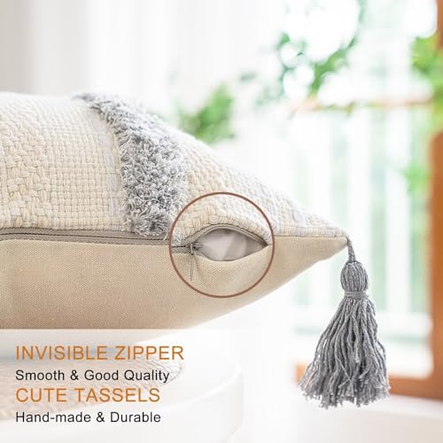 Boho Throw Pillow Covers 12x20 Set of 2 Woven Tufted Farmhouse Pillows Cover with Tassels Textured Striped Cushion Case Lumbar Pillow Cases Decorative Pillowcase for Sofa, Couch, Bed, Light Grey - color: Light Grey, size: 20" x 12" (Pack of 2)