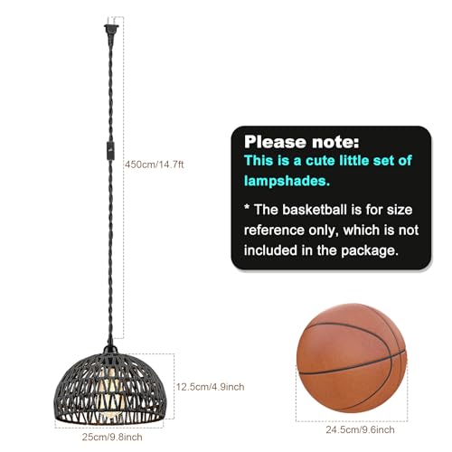 Lighting fixtures, 1-Light Pendant Light,Boho Black Woven Rattan Basket with Twist Hemp Hanging Cord Plug in Coastal Pendant Lamp for Dining Living Room Kitchen Island Foyer Bedroom Hallway