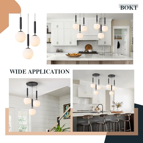 BOKT 3 Light Globe Cluster Pendant Light Modern Black Hanging Pendant Light Fixture White Milk Glass Vintage Farmhouse Pendant Lights Kitchen Island Adjustable Height Stairwell Lighting Chandelier - color: Black-3Light