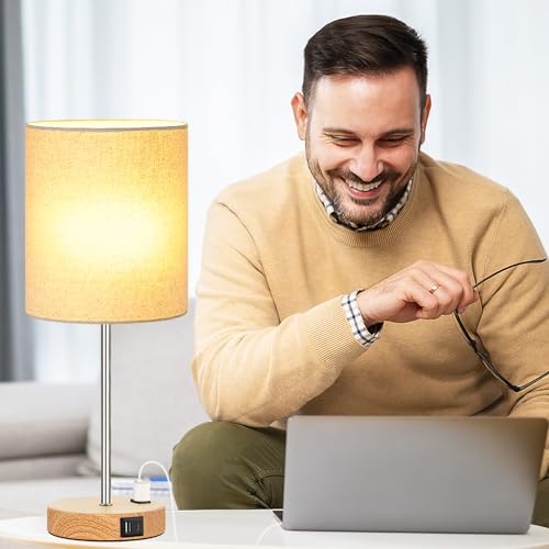 Lynnoland Set of 2 Touch Wood Table Lamps, Bedroom Lamps with 2 USB AC Outlet, 3-Way Dimmable Bedside Nightstand Lamps for Bedroom Living Room Nursery, 800 Lumens 2700K Bulbs Included - color: (2 Pack)Beige & Wood(Base)-2700K Bulbs Included